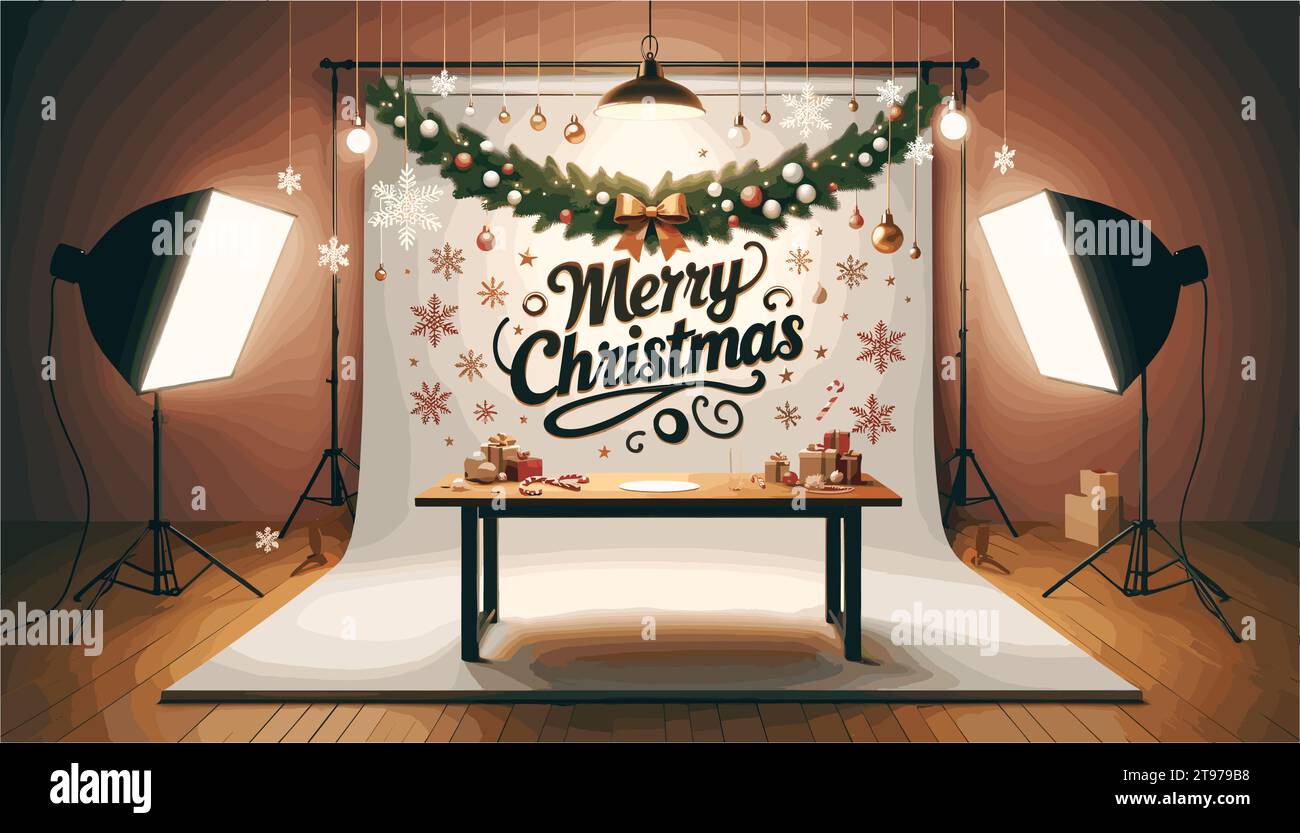 Uno striscione "buon Natale" è il pezzo centrale, sospeso con grazia sopra il tavolo. Illustrazione Vettoriale