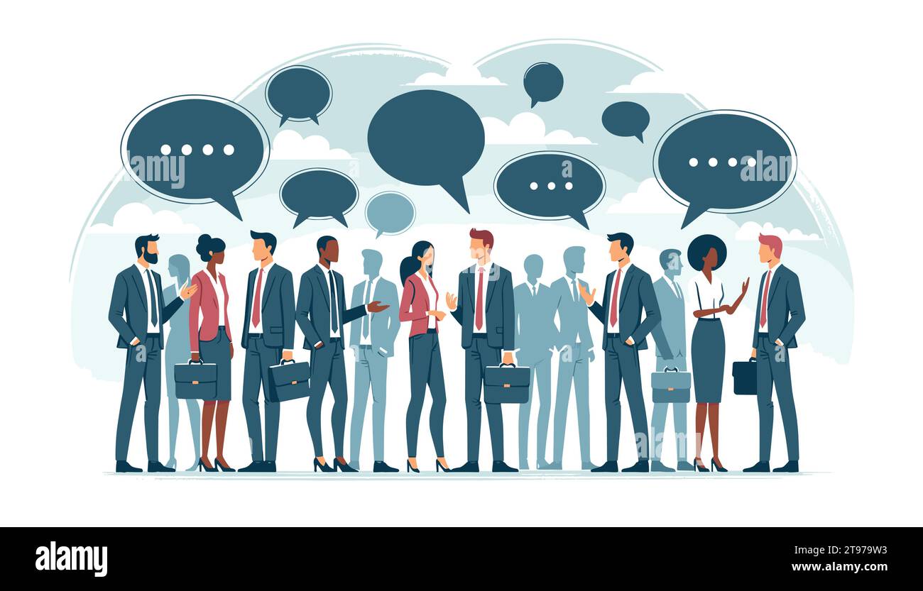 Illustrazione vettoriale piatta in formato 16:9, raffigurante un gruppo di persone aziendali diverse impegnate in una conversazione. Illustrazione Vettoriale