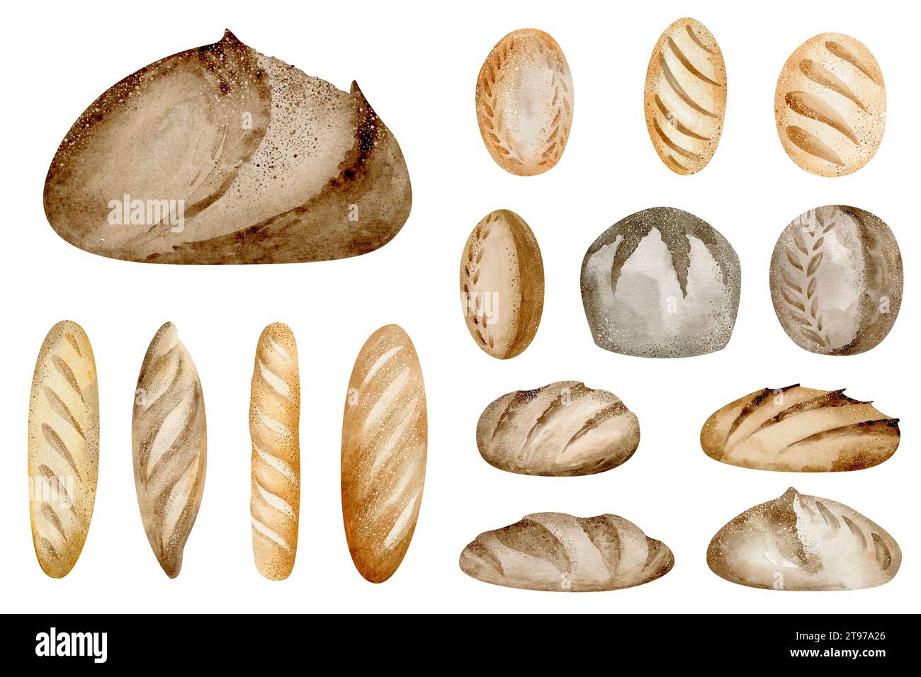 Clipart per la cottura del pane. Illustrazione ad acquerello del cibo su uno sfondo isolato. Un set di singoli elementi di panini di grano e baguette per menu e. Foto Stock