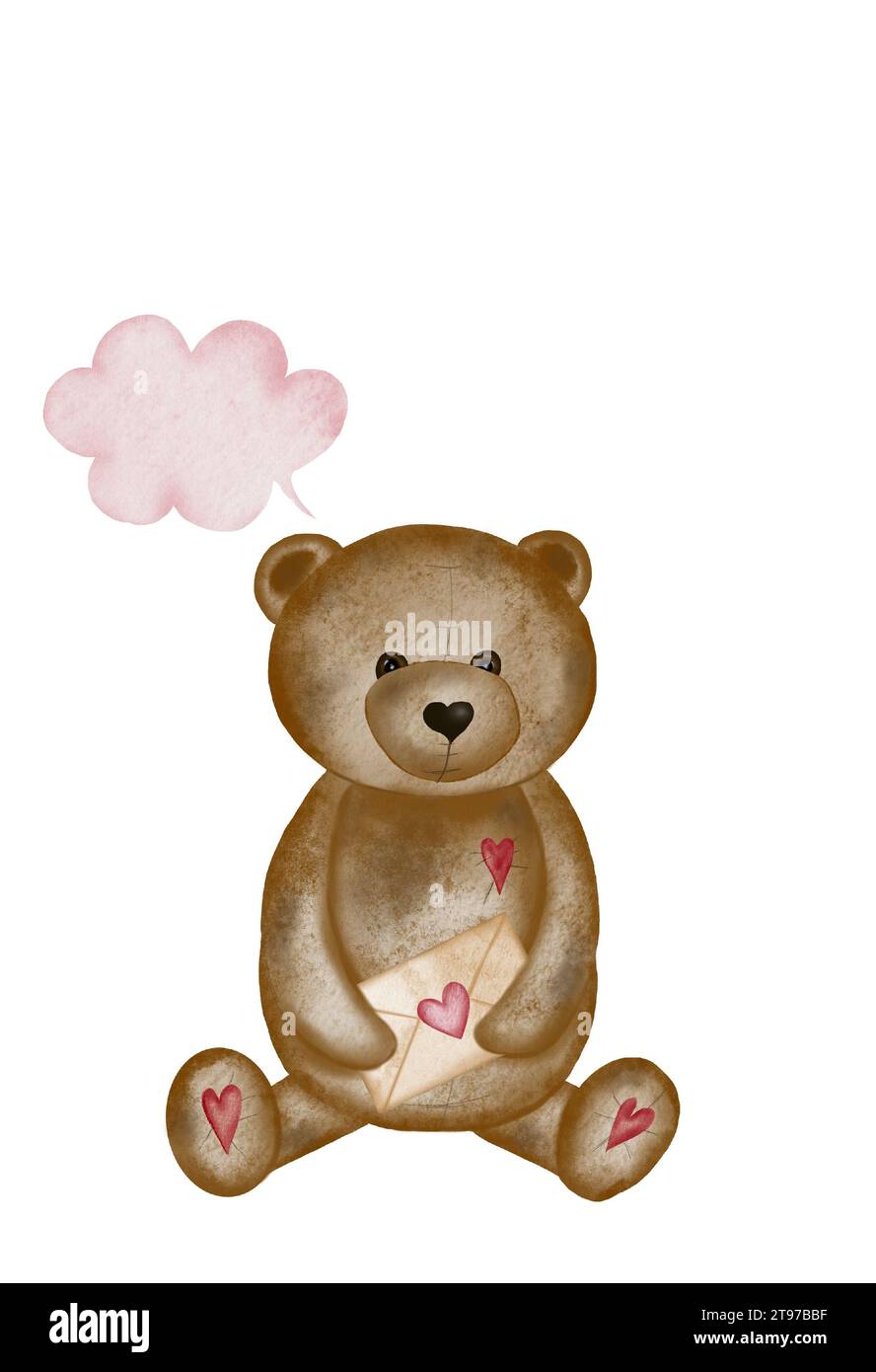 Disegno ad acquerello di un grazioso orso con una lettera d'amore. Modello di biglietto di San Valentino con grazioso orsacchiotto. Tessera vacanze per i propri cari Foto Stock