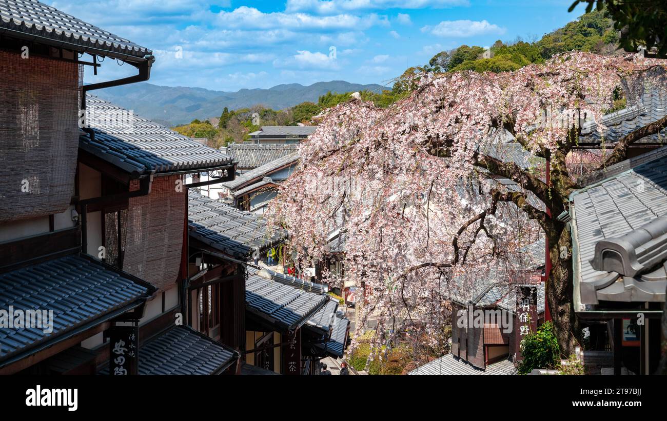 Vecchi edifici su un pendio a Ninen-zaka di Kyoto in una giornata nuvolosa in primavera Foto Stock