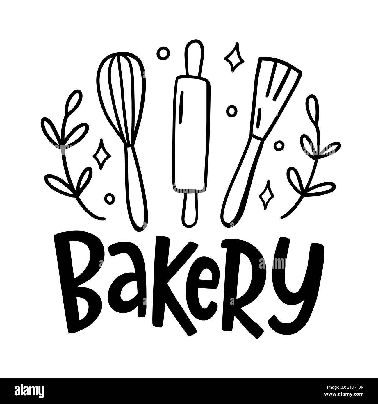 Logo con iscrizione strumenti da forno. Lettering culinario Illustrazione Vettoriale