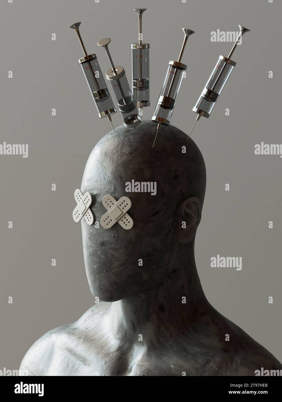 Faccia del manichino con occhielli a fascia e siringhe in testa su sfondo grigio Foto Stock