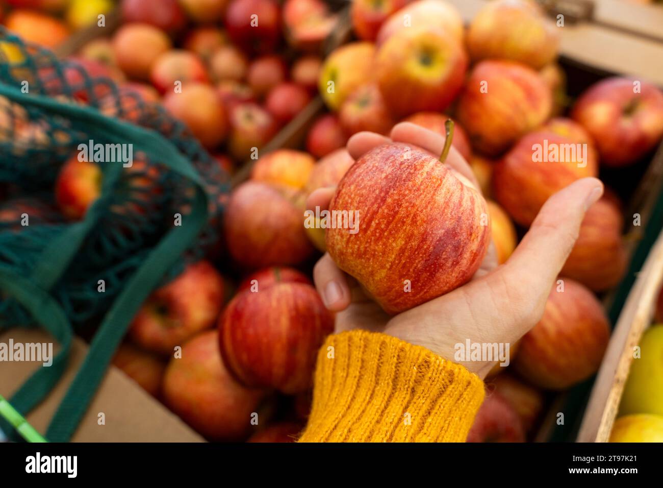 Mano di una donna che tiene la mela biologica al mercato agricolo Foto Stock