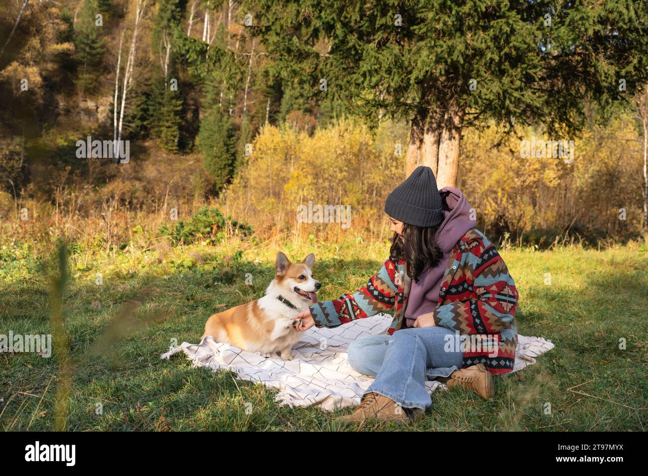 Giovane donna che fa stretta di mano con un cane sulla coperta nel parco naturale durante il fine settimana Foto Stock