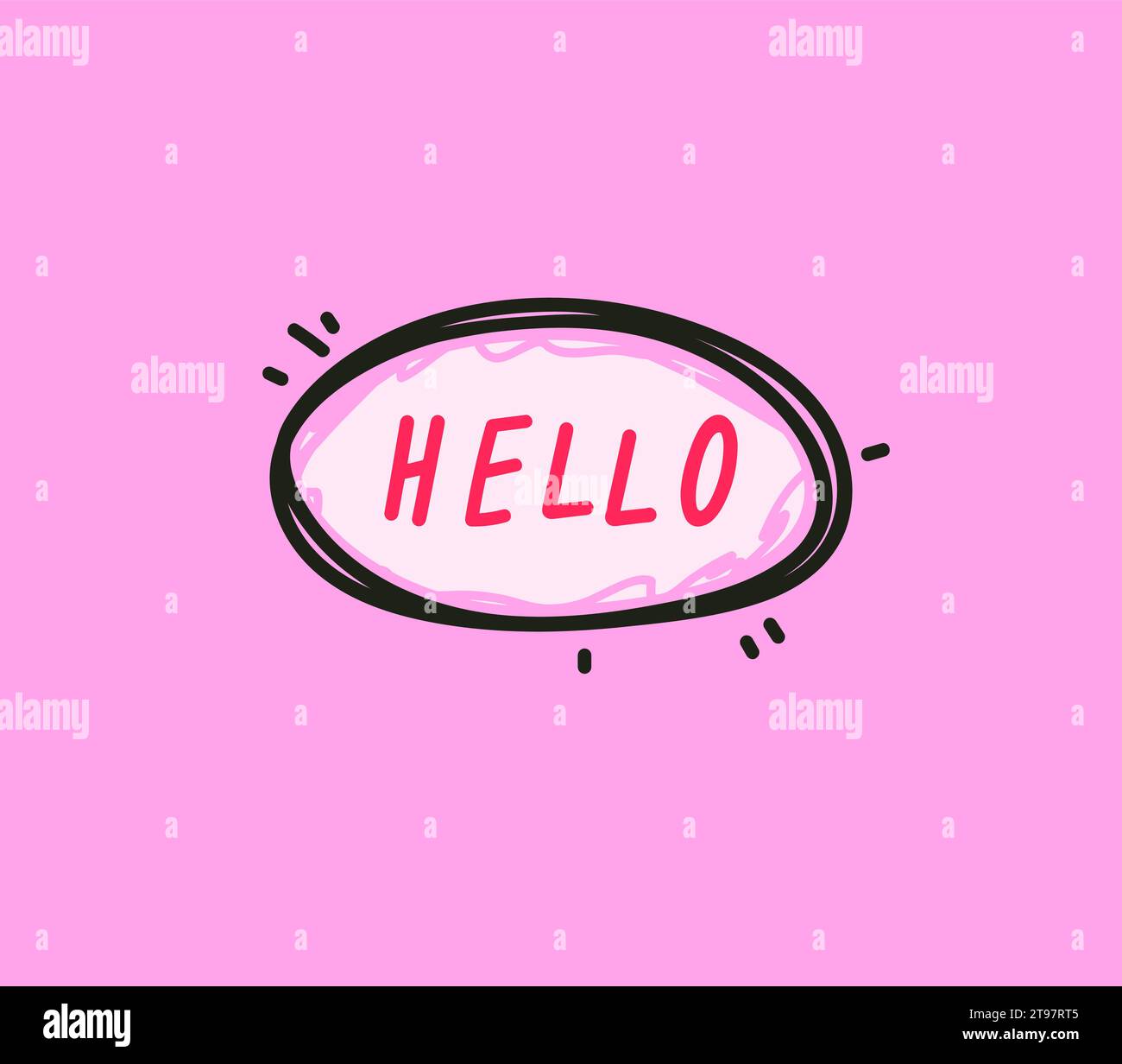 Bollicine vocali alla moda in design piatto disegnato a mano con brevi messaggi. Stile fumetto carino. Finestre di dialogo con frasi Ciao. Tratto disegnato a mano, evidenziare Illustrazione Vettoriale