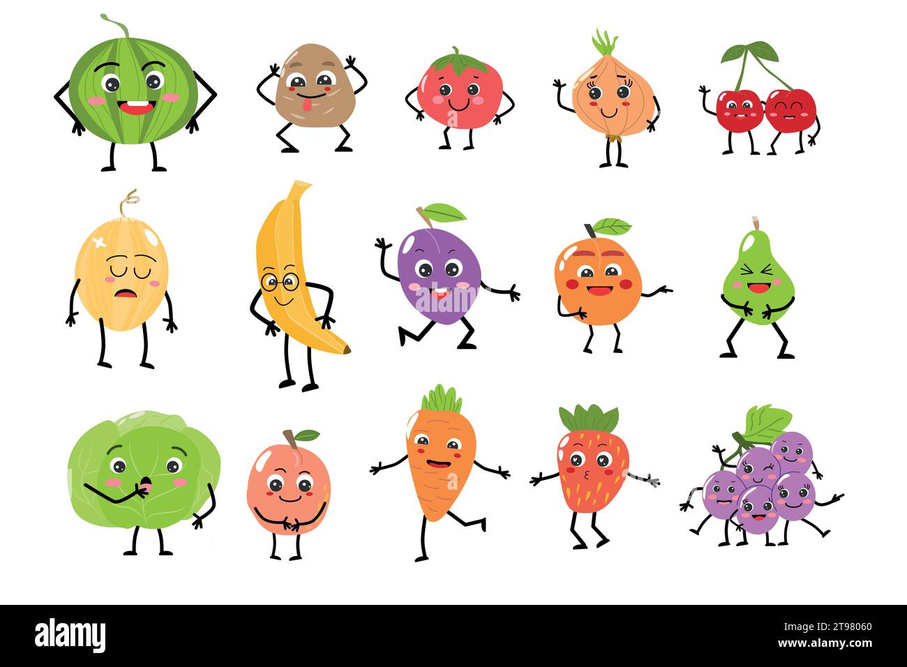 Cartoni animati, verdure e frutta, simpatici personaggi - volti Illustrazione Vettoriale