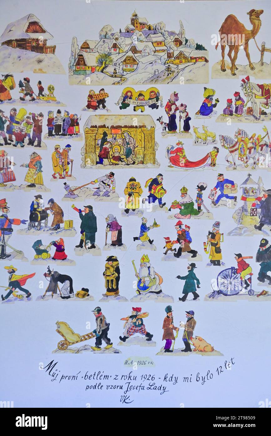 Ceske Budejovice, Repubblica Ceca. 23 novembre 2023. Fiaba Natale di Vojtech Kubasta mostra al South Bohemia Museum di Ceske Budejovice, Repubblica Ceca, 23 novembre 2023. I visitatori possono vedere presepi a grandezza naturale, illustrazioni di libri da favola o disegni natalizi creati dal famoso pittore e illustratore ceco. Credito: Vaclav Pancer/CTK Photo/Alamy Live News Foto Stock