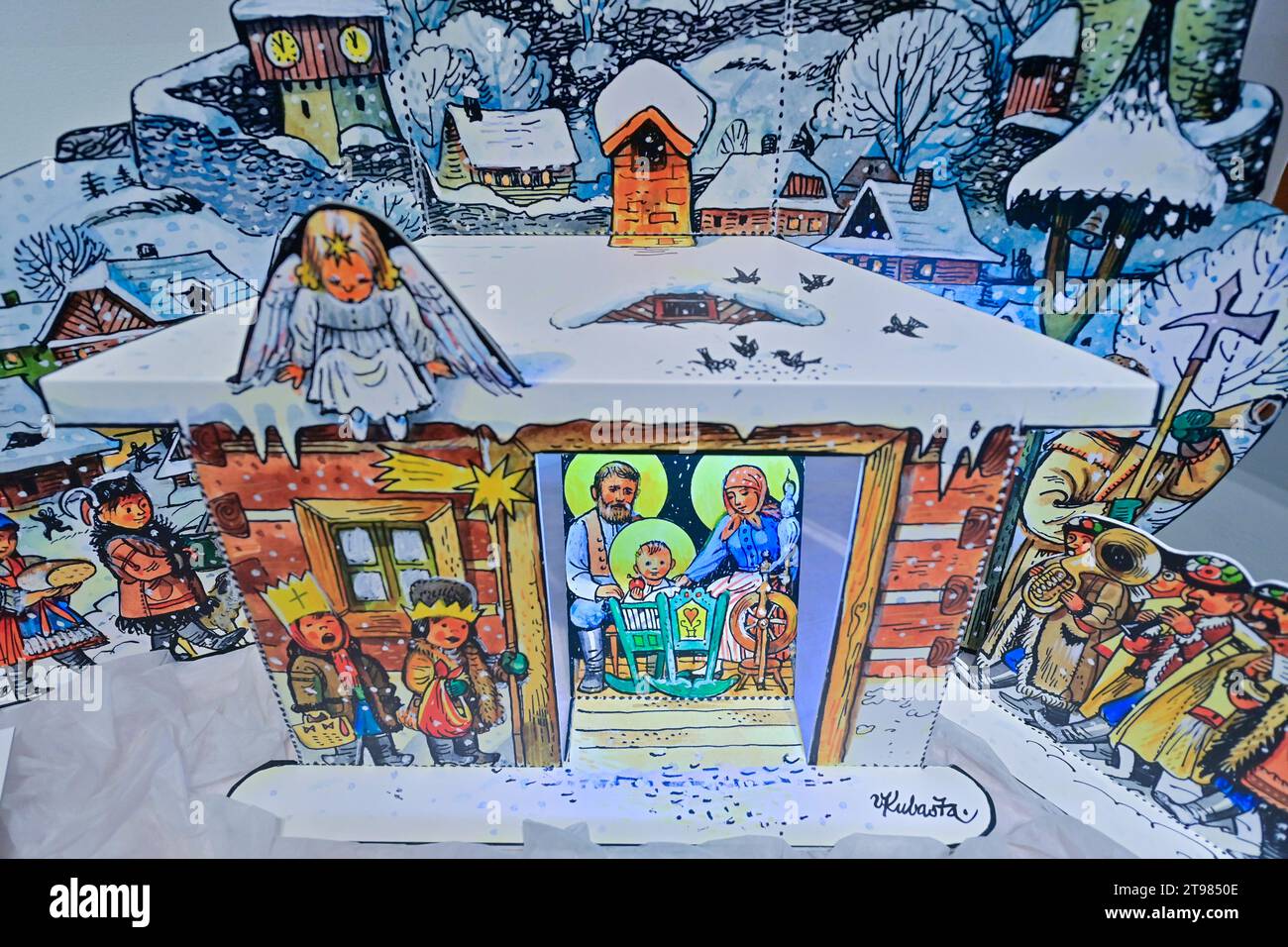 Ceske Budejovice, Repubblica Ceca. 23 novembre 2023. Fiaba Natale di Vojtech Kubasta mostra al South Bohemia Museum di Ceske Budejovice, Repubblica Ceca, 23 novembre 2023. I visitatori possono vedere presepi a grandezza naturale, illustrazioni di libri da favola o disegni natalizi creati dal famoso pittore e illustratore ceco. Credito: Vaclav Pancer/CTK Photo/Alamy Live News Foto Stock