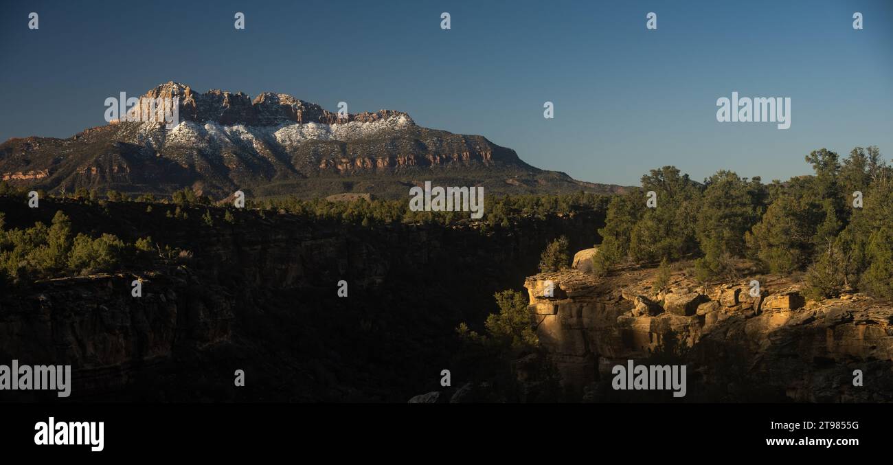 Rocce sul bordo di Huber Wash emergono dalle Ombre con Uno Smithsonian Butte innevato in lontananza a Zion Foto Stock