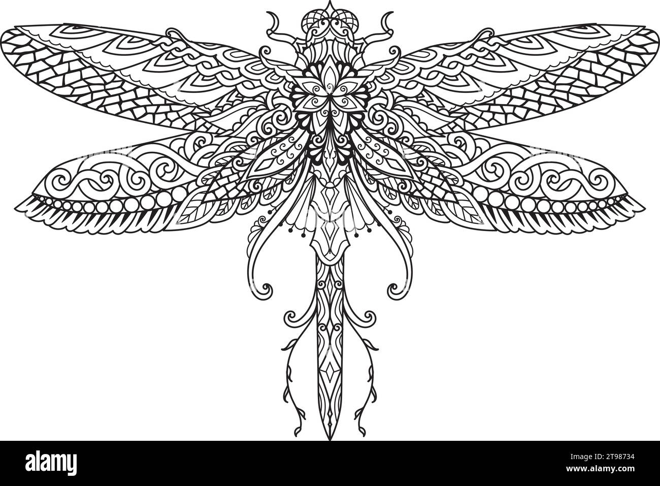 Dragonfly Mandala per colorare, incidere, stampare e così via. Illustrazione vettoriale. Illustrazione Vettoriale