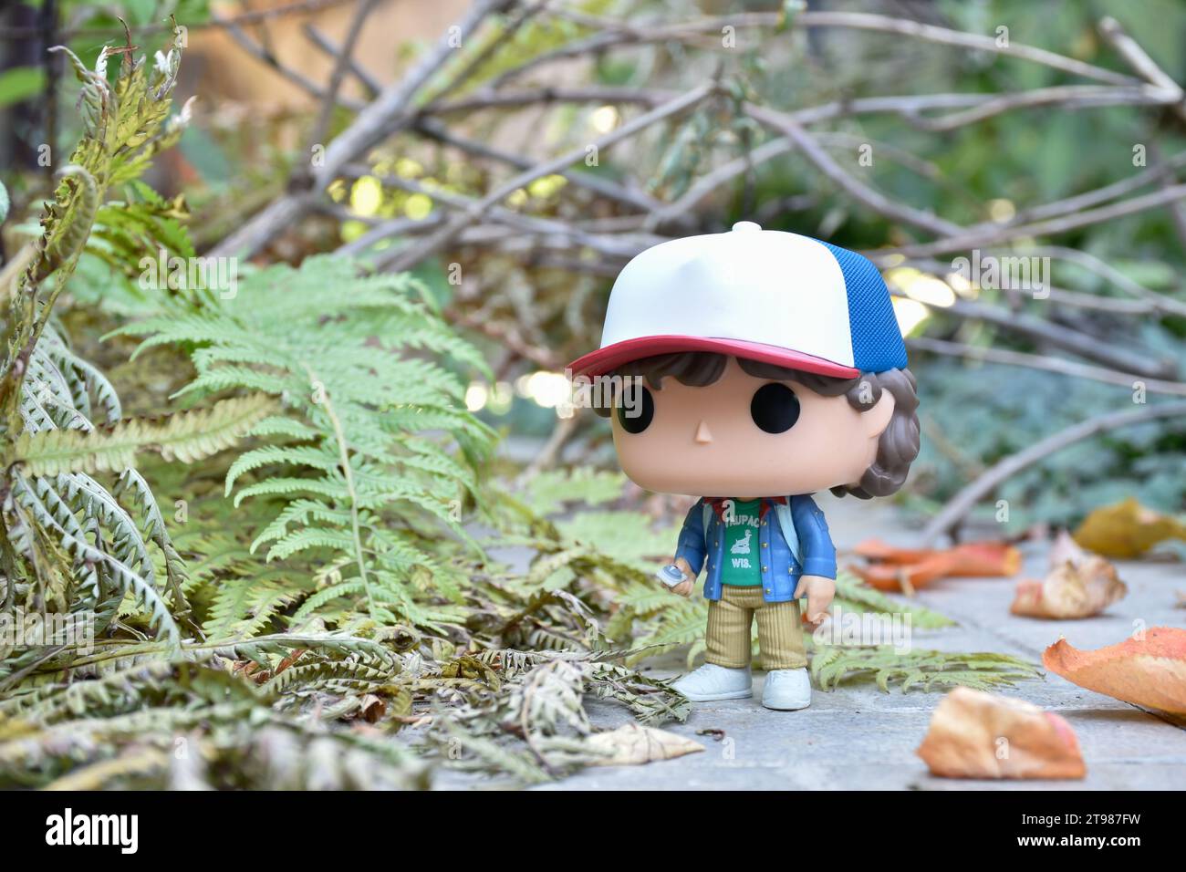 Funko Pop action figure di Dustin Henderson con bussola della famosa serie TV Netflix Stranger Things. Strada abbandonata, foresta autunnale, foglie. Foto Stock