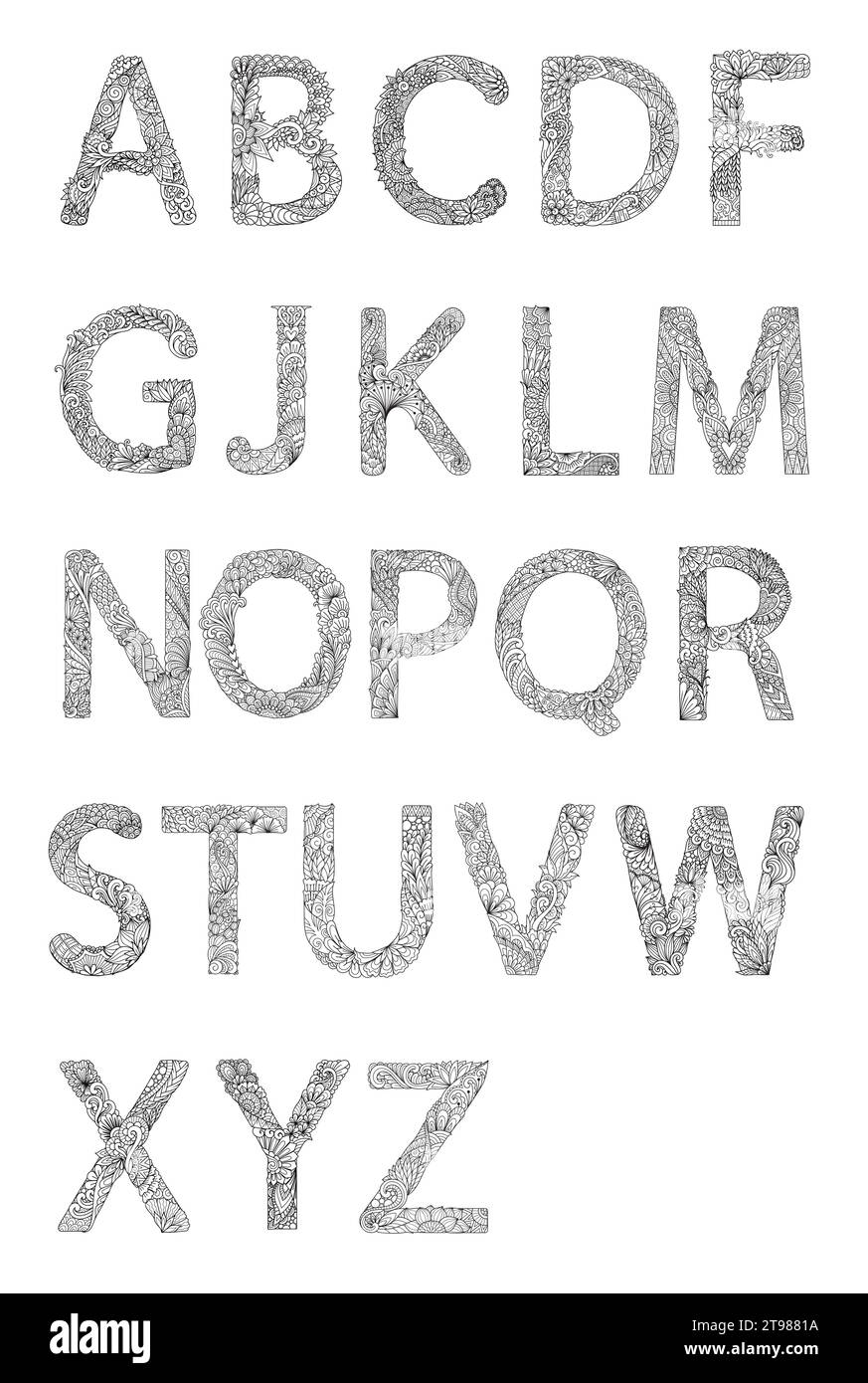 Lettere mandala da A a Z per monogramma, pagina da colorare, stampa, incisione e così via. Illustrazione Vettoriale