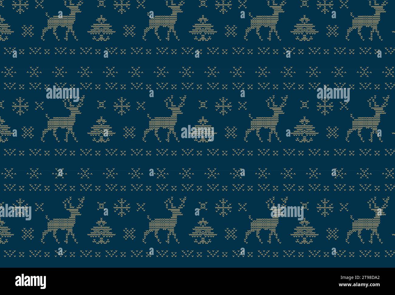 Modello senza cuciture di tema per le vacanze invernali con renne a maglia, cervi, albero di Natale per le vacanze, disegno a fiocco di neve, carta da parati, elegante motivo pullover Illustrazione Vettoriale