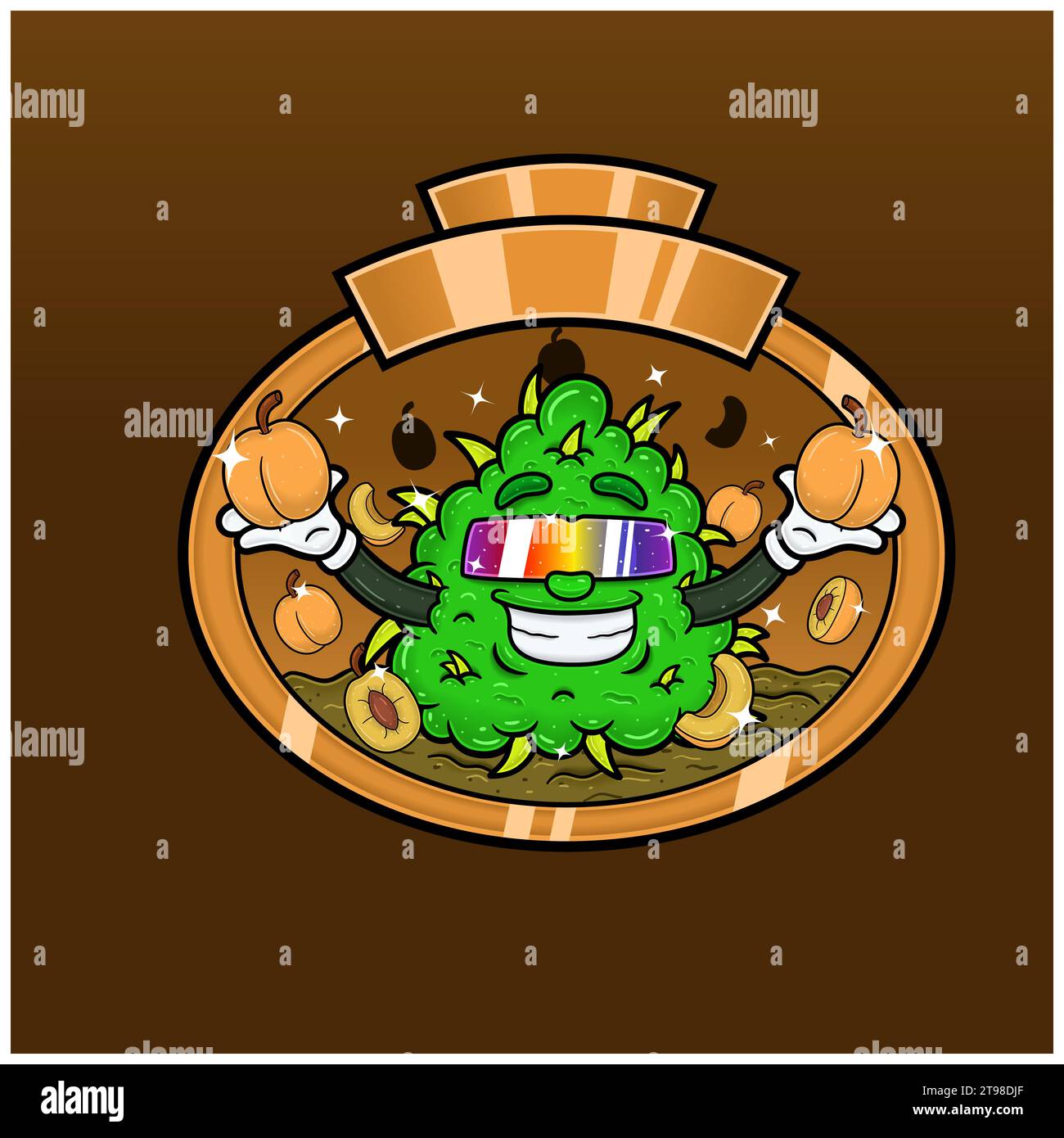 Aroma di albicocca con cartone animato Weed Mascot. Progettazione di piante infestanti per prodotti con logo, etichette e imballaggi. Vettori e illustrazioni Illustrazione Vettoriale