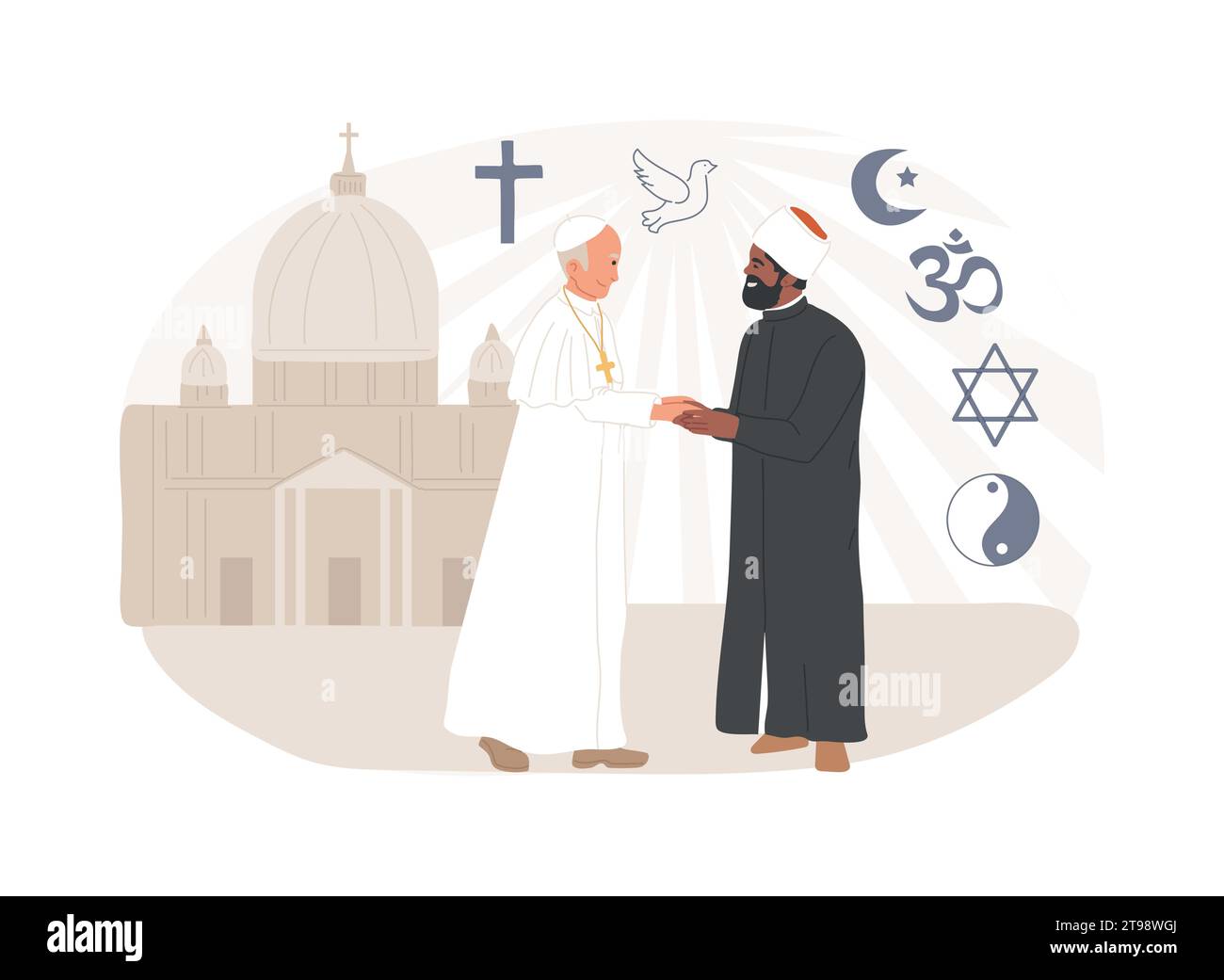 Dialogo interreligioso concetto isolato illustrazione vettoriale. Tradizioni diverse, simbolo religioso, interazione dei membri, chiesa ortodossa, stretta di mano, christian pope, concetto vettoriale della conferenza. Illustrazione Vettoriale