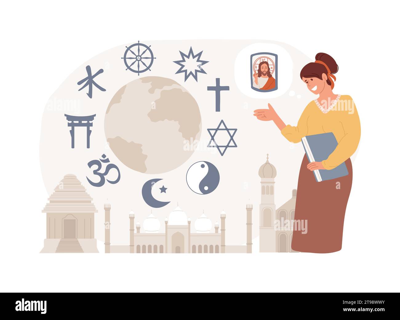 Simbolo religioso concetto isolato illustrazione vettoriale. Simboli religiosi mondiali, rappresentazione iconica, croce latina, stella di davide, tradizione religiosa, crescent e star, concetto di vettore di fede. Illustrazione Vettoriale