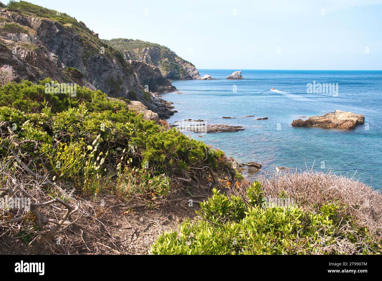 le bord de mer dans la partie ouest de la presquile de Giens appartenant au parc National de Port-cros avec ses criques ses ilots ses plages sa nature Foto Stock