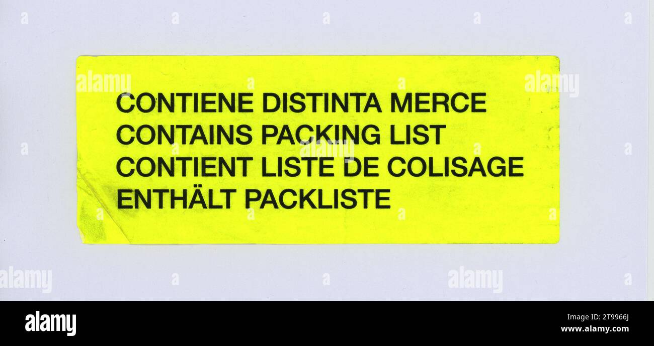 Multilingue contiene l'etichetta della distinta di imballaggio scritta in italiano, inglese, francese e tedesco Foto Stock