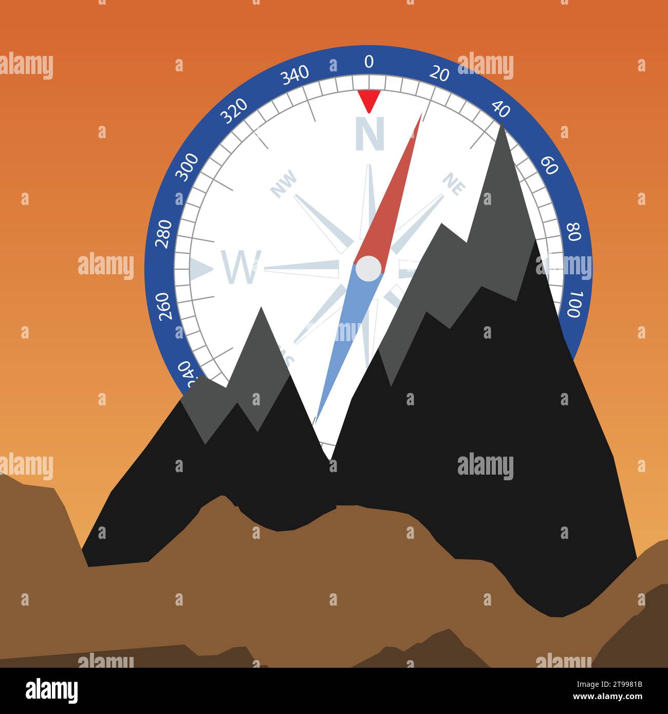 Cime montuose con bussola, avventure all'aria aperta Illustrazione Vettoriale