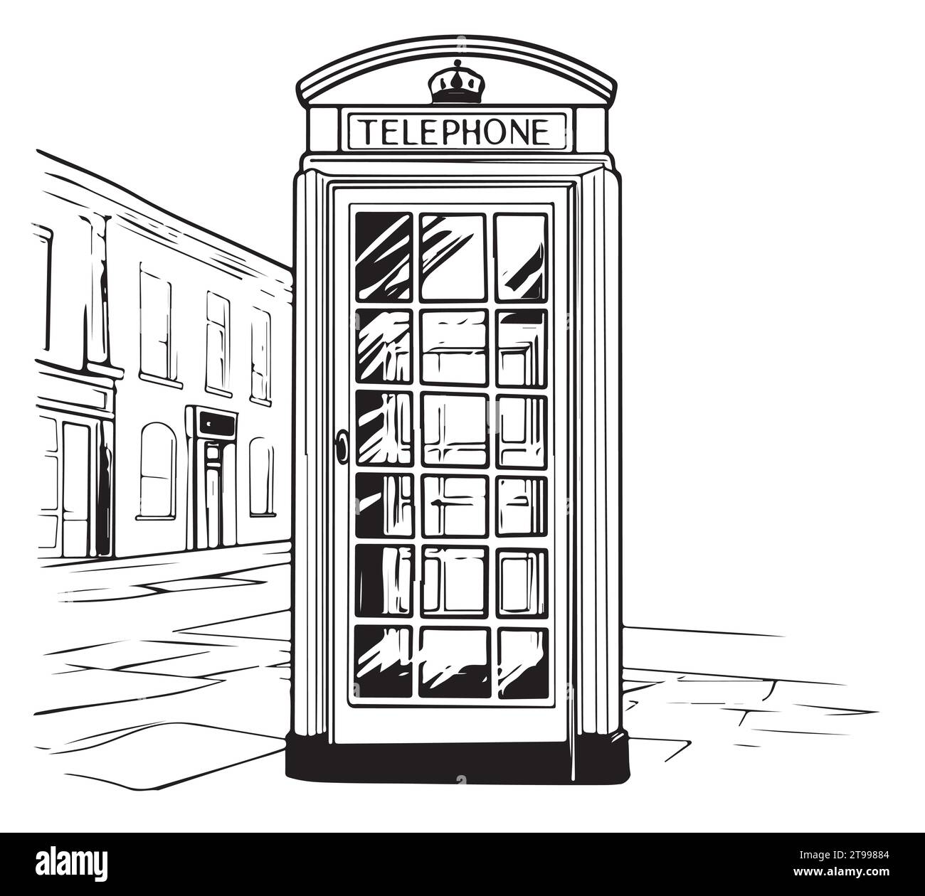 Telefono a pagamento a Londra. Illustrazione di schizzo disegnata a mano isolata su sfondo bianco Illustrazione Vettoriale