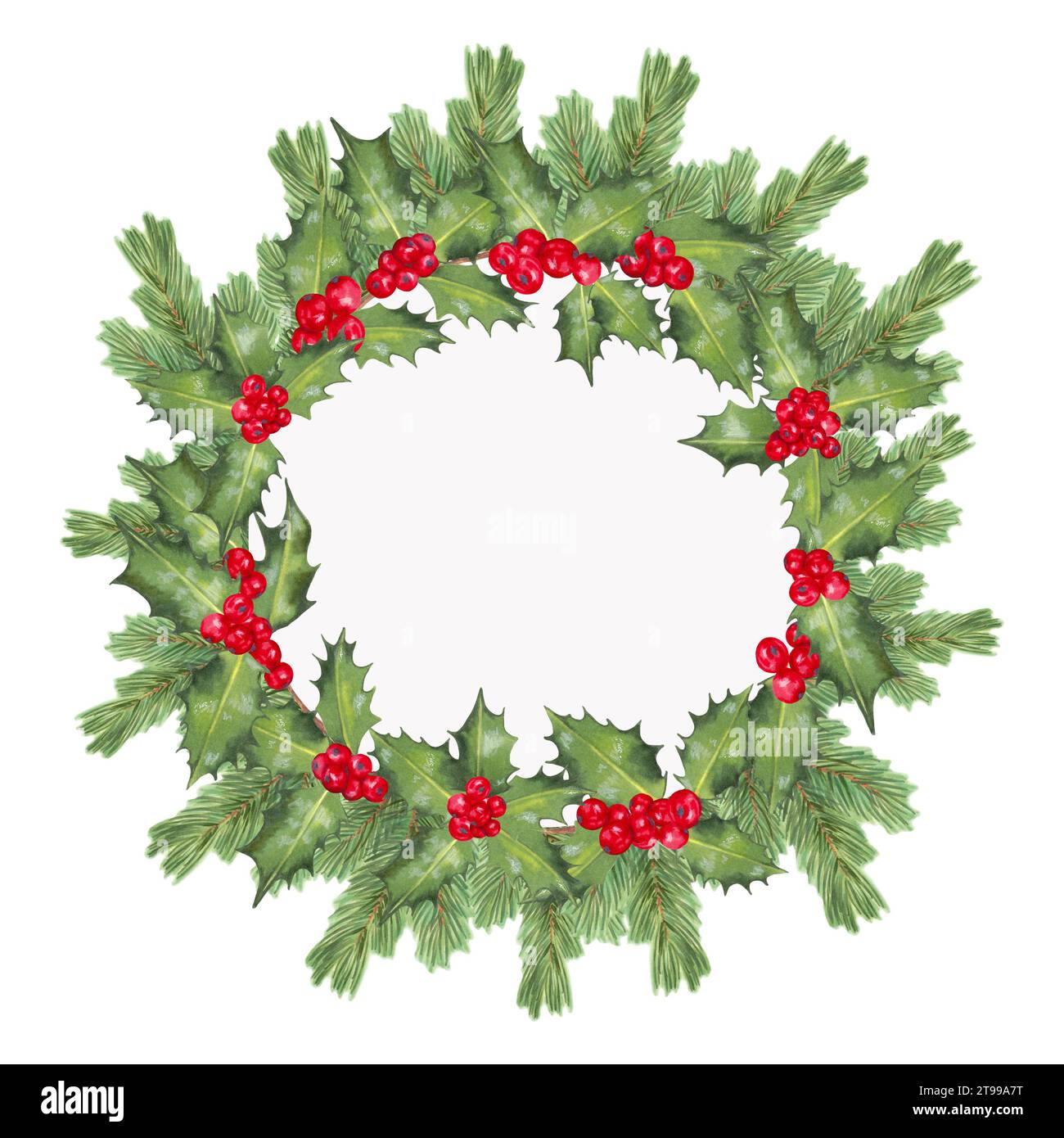 Corona natalizia fatta di rami di abete con bacche e foglie di holly. Tradizionale ghirlanda invernale. Decorazioni per Capodanno, Natale e festività stagionali. Foto Stock