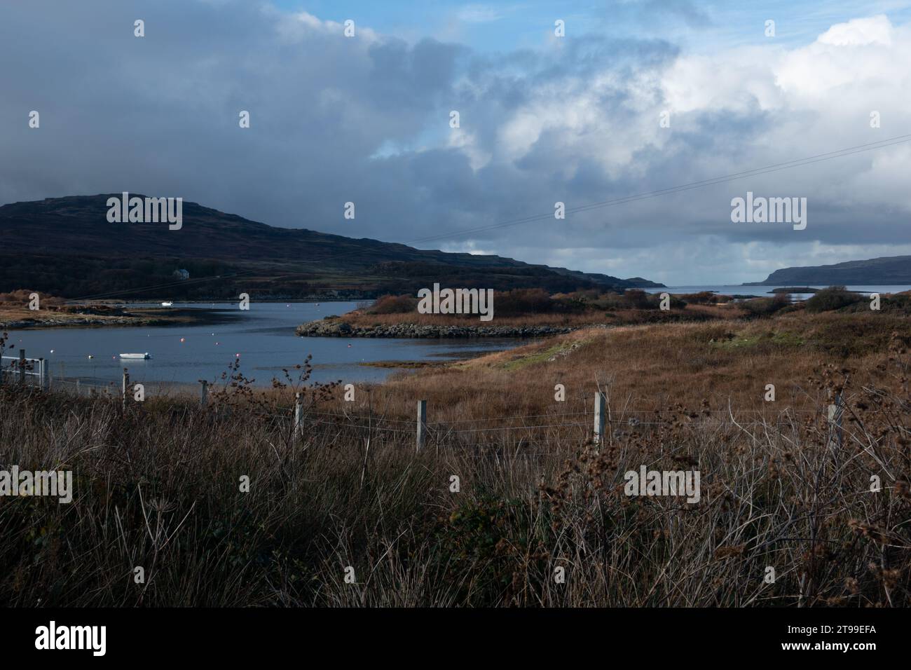 L'isola di Ulva attraverso il Sound of Ulva da Mull, Scozia Foto Stock