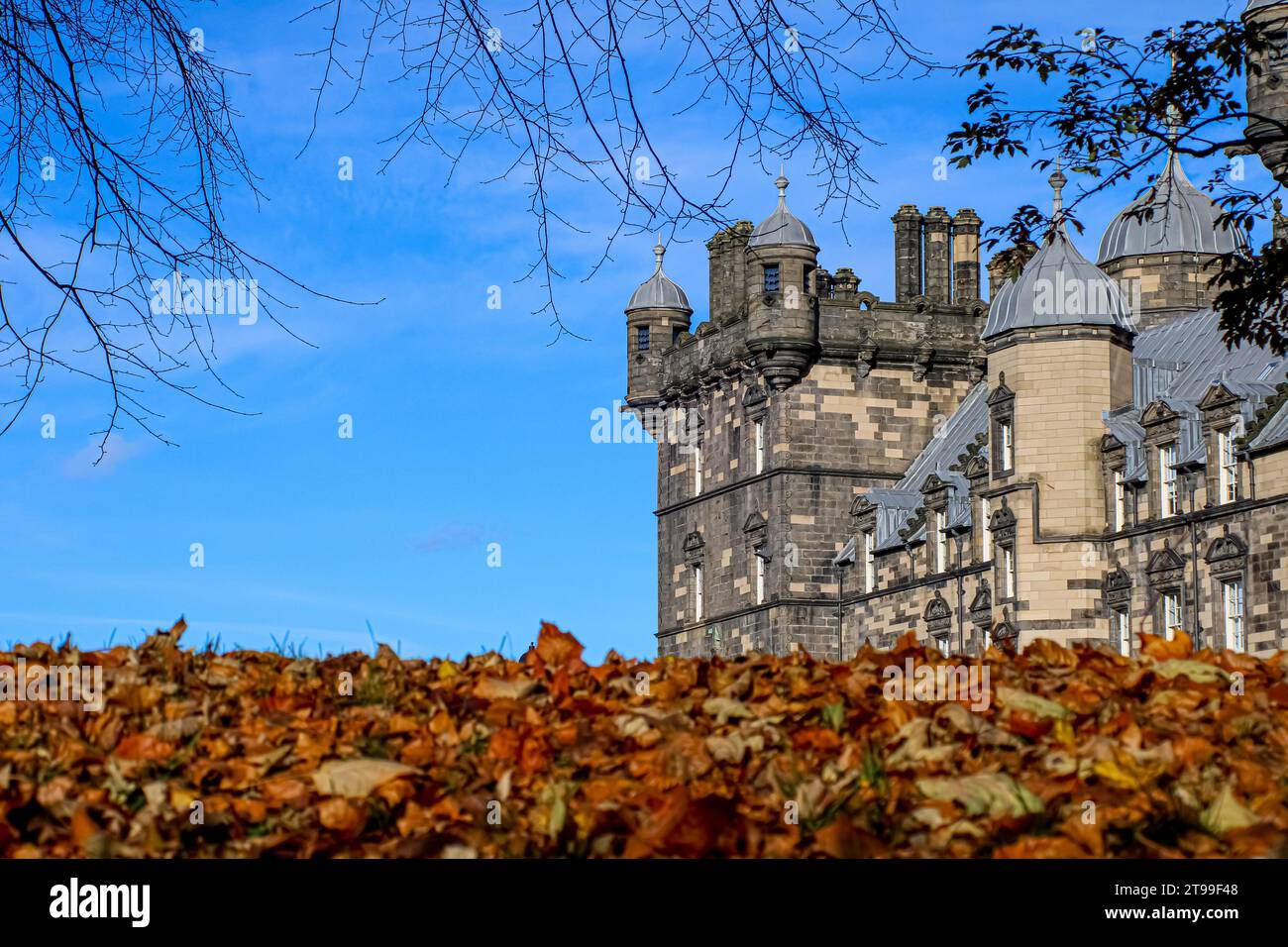 Edificio della scuola privata di George Heriot dietro a pile of Autumn Leaves on Blue Sky background Foto Stock