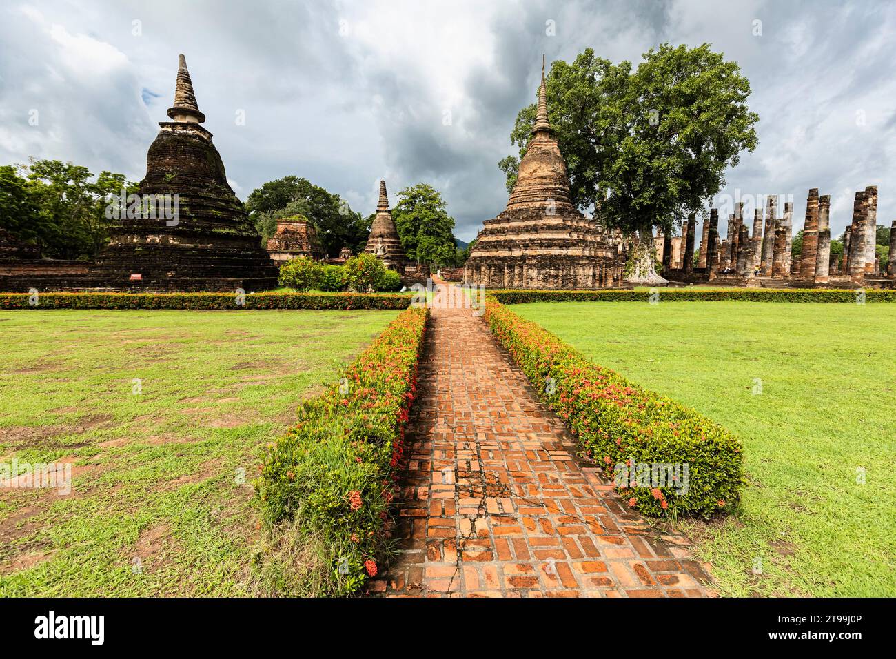 Parco storico di Sukhothai, Wat Mahathat, cortile del tempio principale, Sukhothai, Thailandia, Sud-est asiatico, Asia Foto Stock