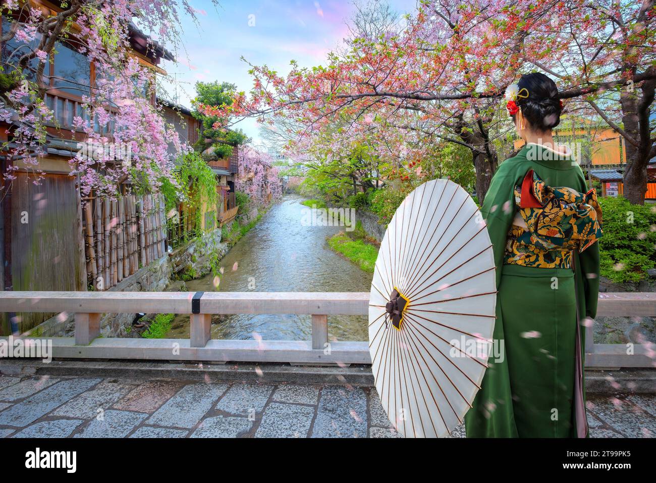 Kyoto, Giappone - 6 aprile 2023: Il ponte Tatsumi bashi è il luogo simbolo del distretto di Gion. E' un piccolo ponte che attraversa il torrente Shirakawa che scorre Foto Stock