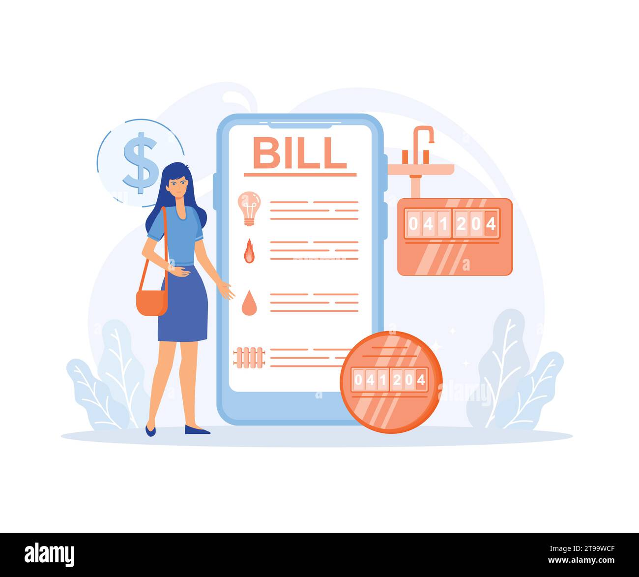 Servizi domestici. Bollette di servizio nell'app per smartphone. Pagamenti regolari come gas, acqua, elettricità, riscaldamento. illustrazione moderna a vettore piatto Illustrazione Vettoriale