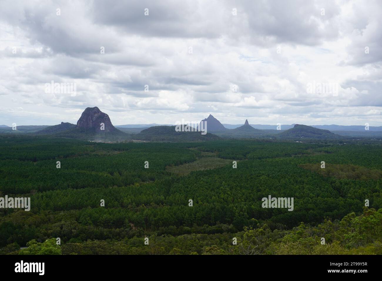 Vista panoramica del monte Beerwah e del monte Ngungun, ecc. dal punto panoramico Wild Horse Mountain Lookout nelle Glass House Mountains, Queensland, Australia Foto Stock