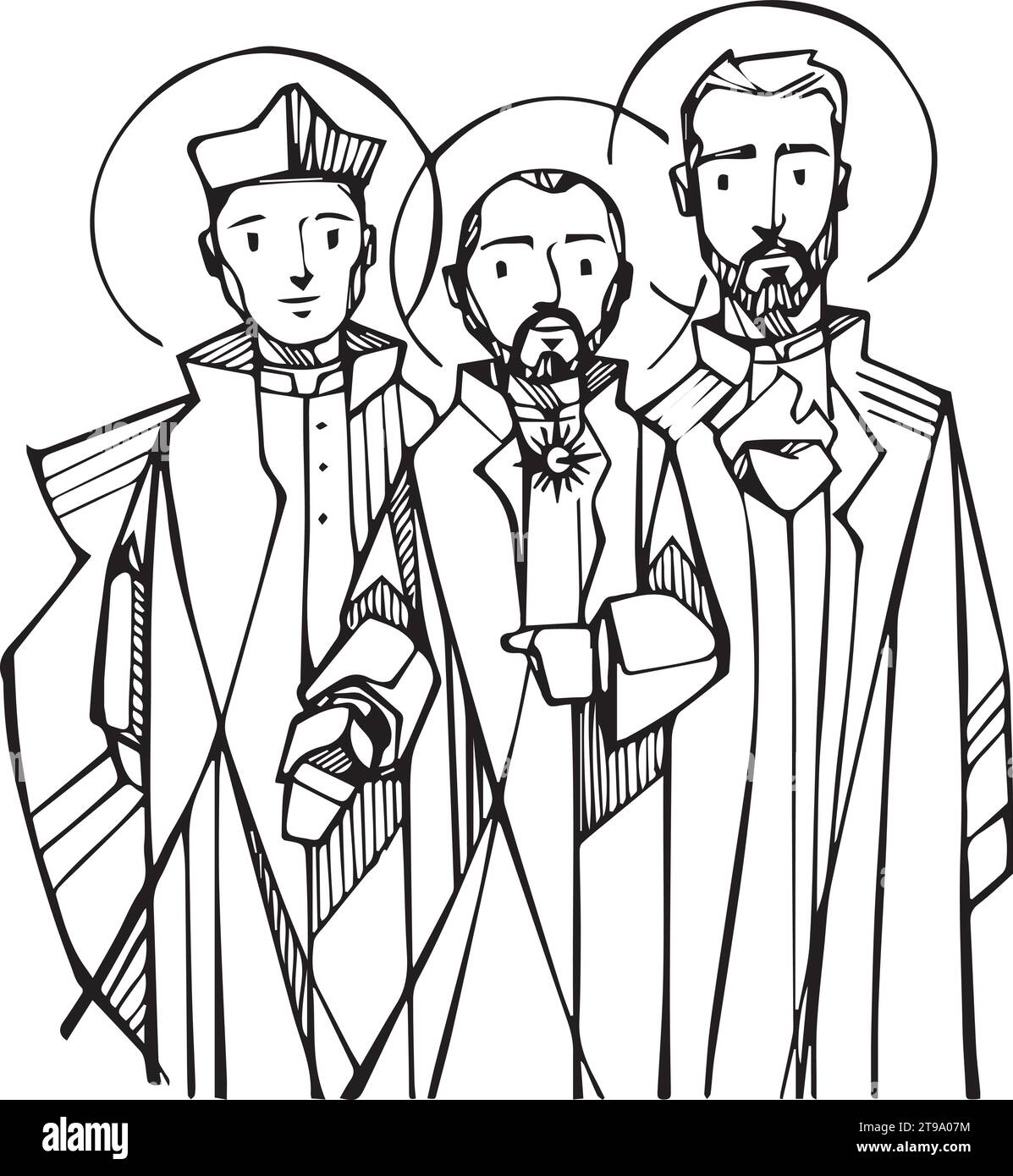 Illustrazione vettoriale disegnata a mano o disegno dei fondatori gesuiti Sant'Ignazio di Loyola, San Francesco Saverio e San Pietro Fabro Illustrazione Vettoriale