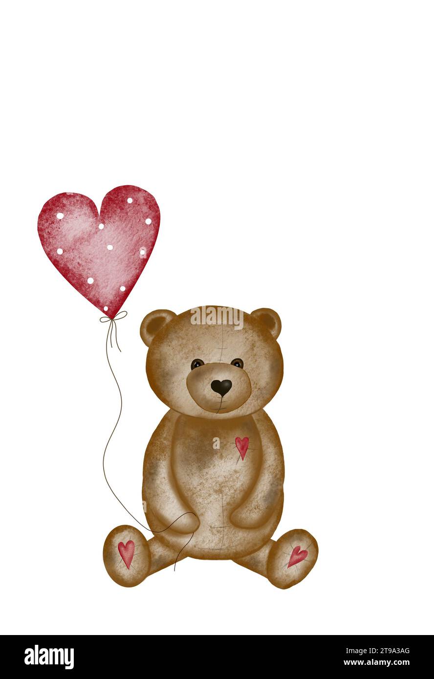 Disegno ad acquerello di un grazioso orso con una ballon Love Heart. Modello di biglietto di San Valentino con grazioso orsacchiotto. Tessera vacanze per i propri cari Foto Stock