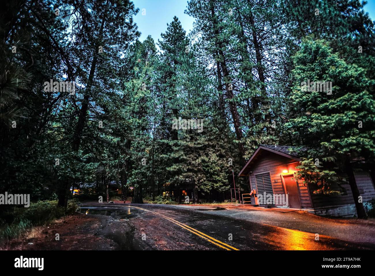 Una capanna sulla strada in una serata piovosa nel Parco Nazionale di Yosemite, California Foto Stock
