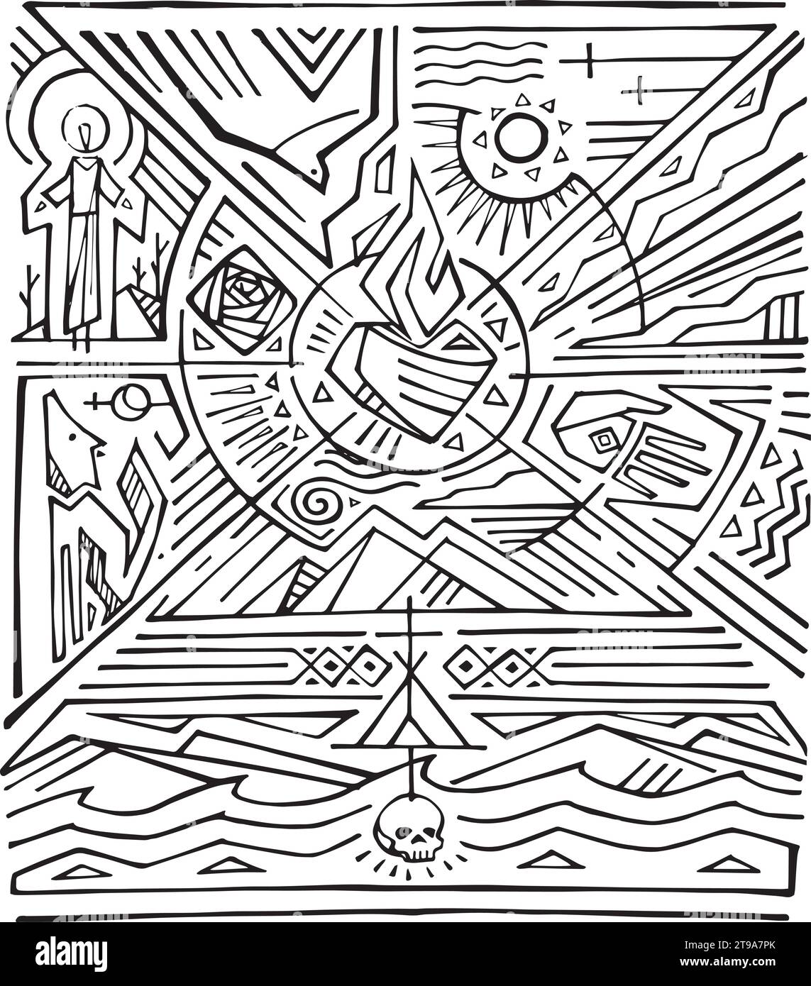 Illustrazione vettoriale disegnata a mano o disegno di San Francesco d'Assisi con natura e simboli religiosi Illustrazione Vettoriale