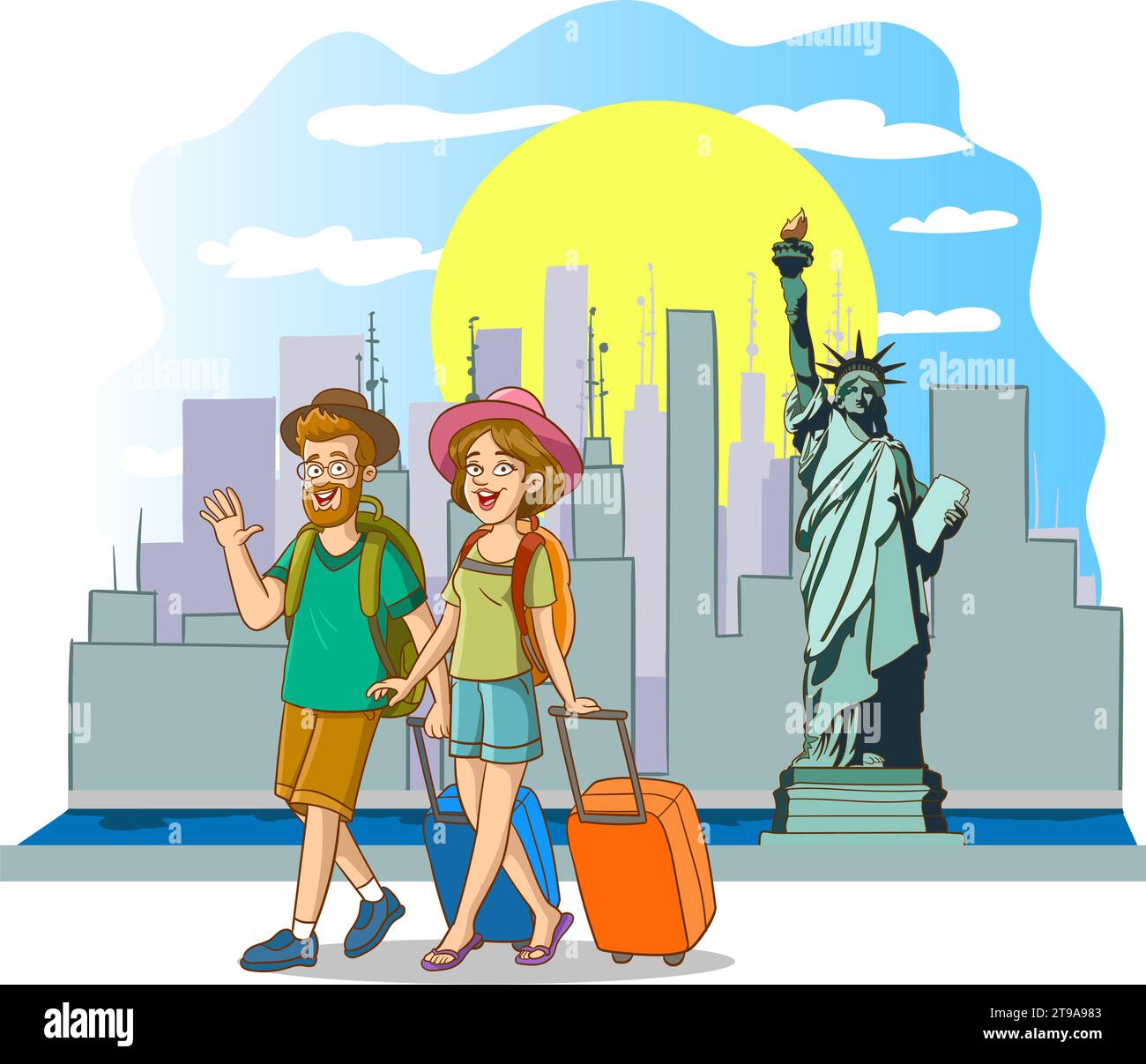 le coppie turistiche che vanno in vacanza in america sono di fronte alla statua della libertà Illustrazione Vettoriale