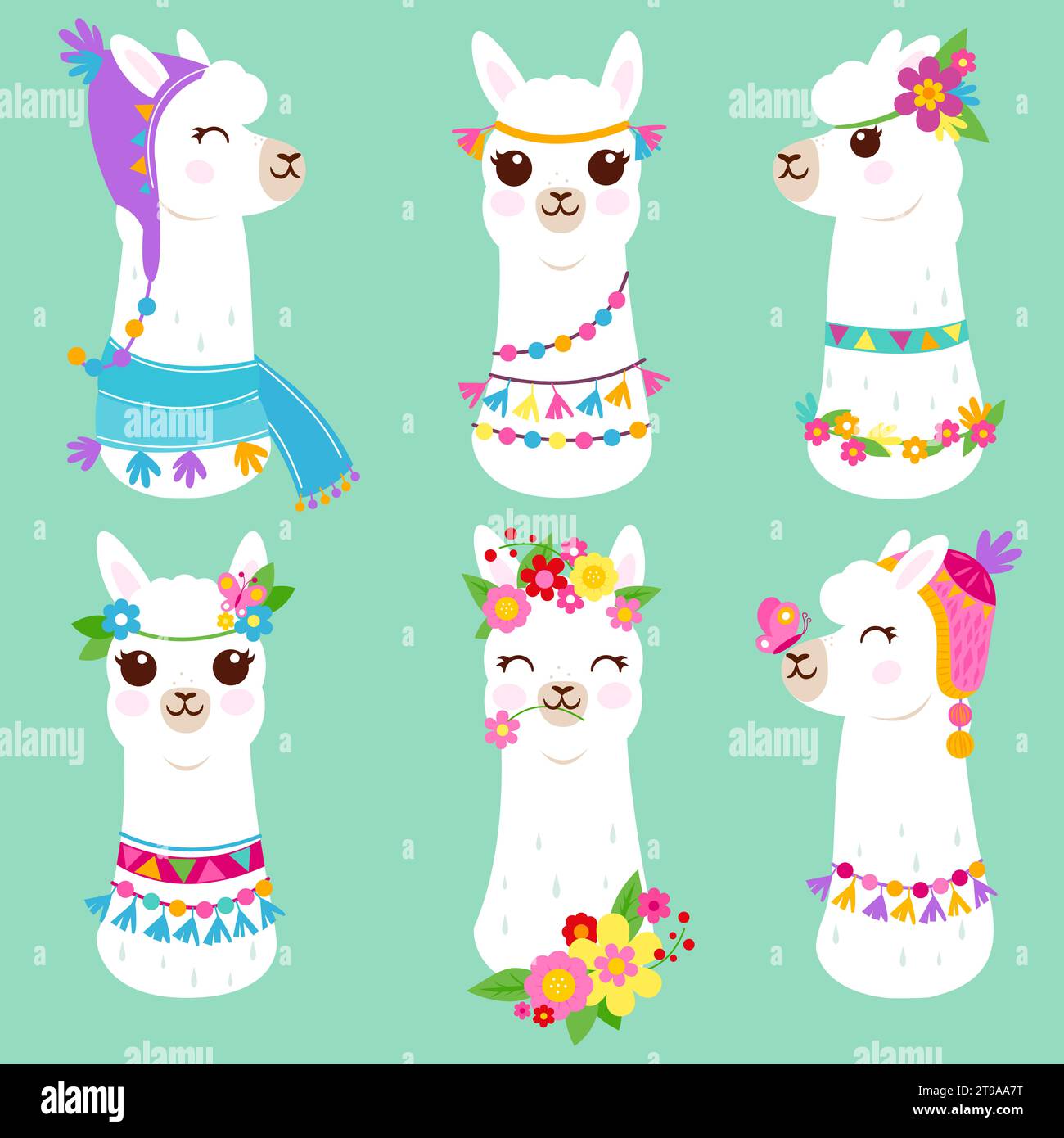 Adorabili lama bianca o alpaca. Illustrazione di graziose teste di lama bianca o alpaca con fiori, cappelli a maglia e coloratissimi accessori tradizionali. Foto Stock