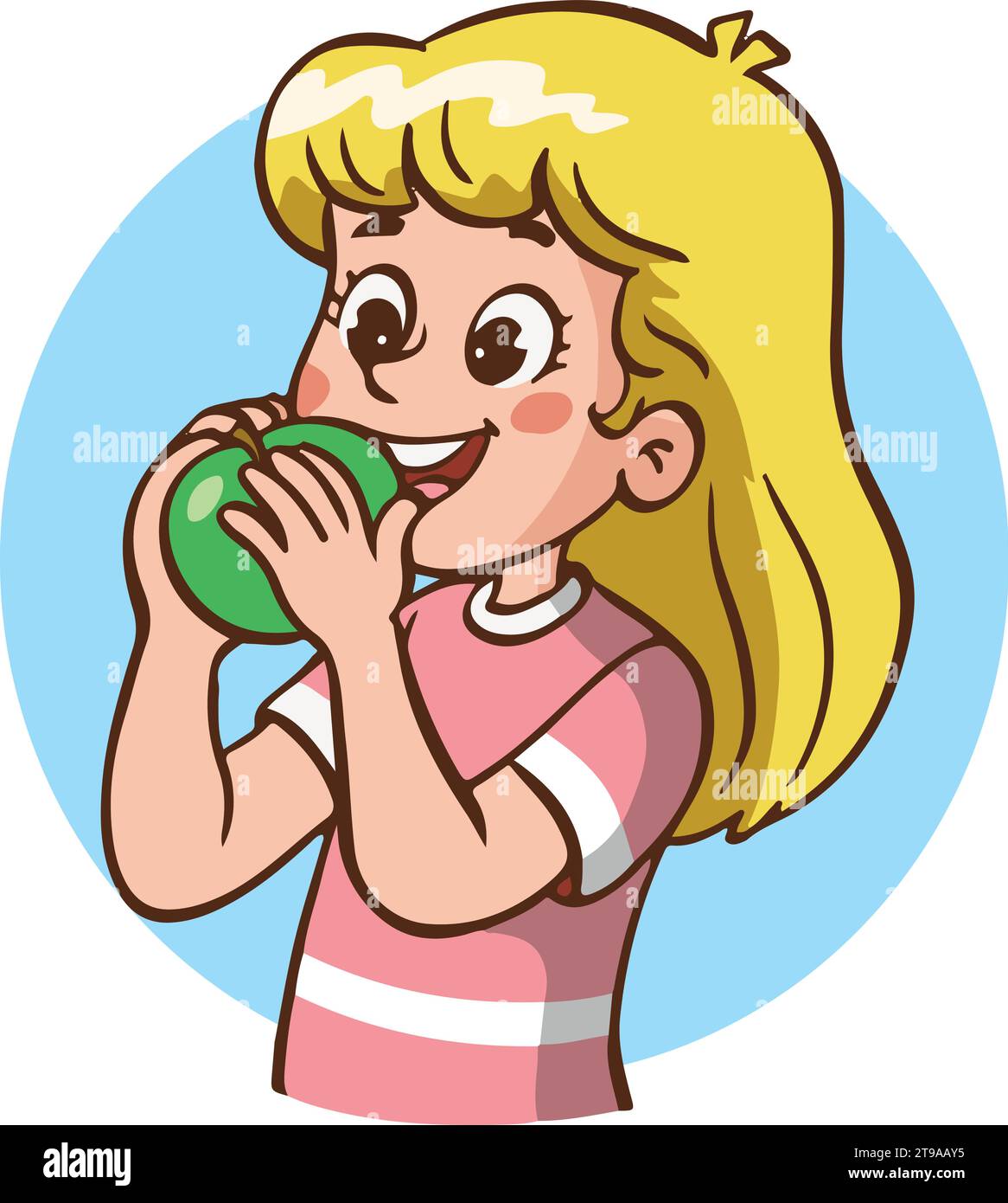 Cartone animato con illustrazione vettoriale di una bambina che mangia mela verde e mostra il pollice in alto. Illustrazione Vettoriale