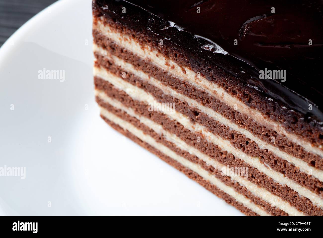 Primo piano di una torta al cioccolato e crema a strati, un dessert allettante con sapori e consistenze ricche. Foto Stock
