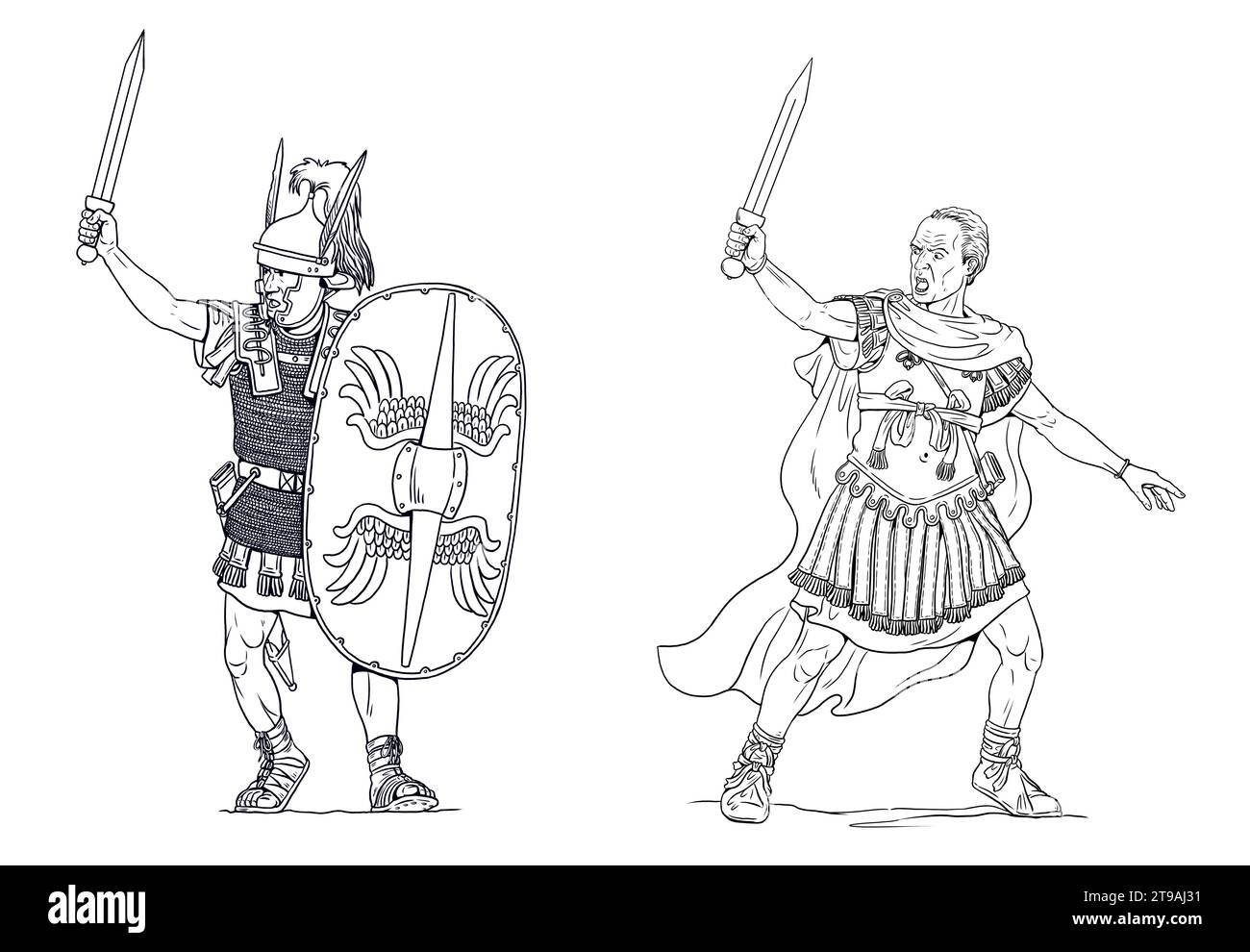 Generale e imperatore romano Gaio Giulio Cesare con centurione romano. Antico disegno guerriero fatto a mano. Foto Stock