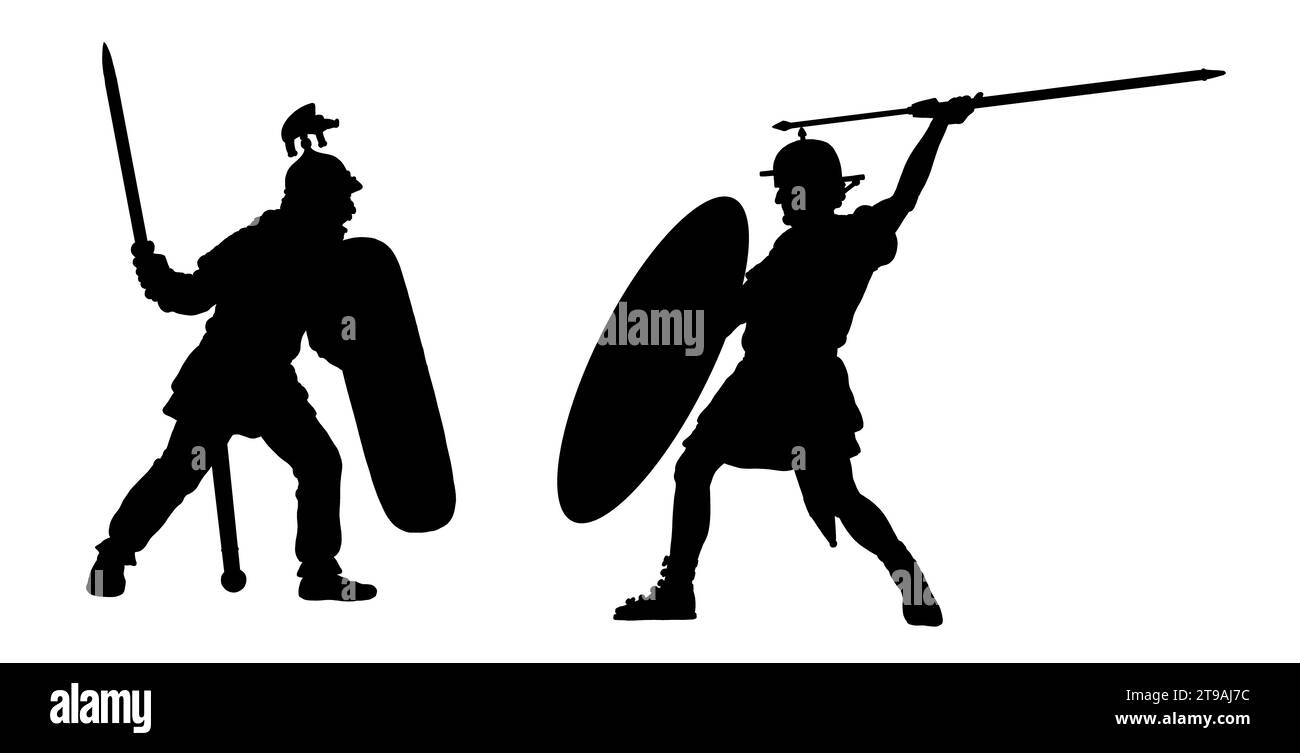 Legionario romano contro la Gallia. La guerra gallica di Giulio Cesare. Disegno storico della silhouette. Foto Stock