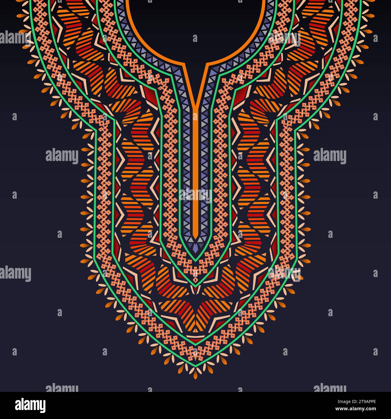Modello simmetrico con scollo per camicia dashiki con motivi celtici e colorate forme geometriche sullo sfondo blu scuro Illustrazione Vettoriale