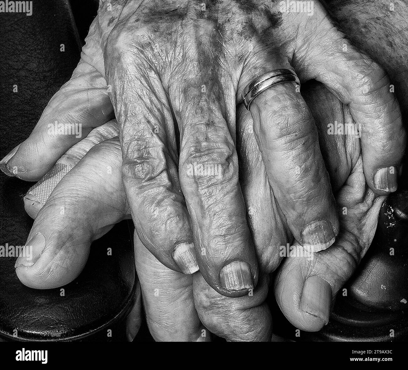 Le mani di marito e moglie anziani insieme. Foto Stock