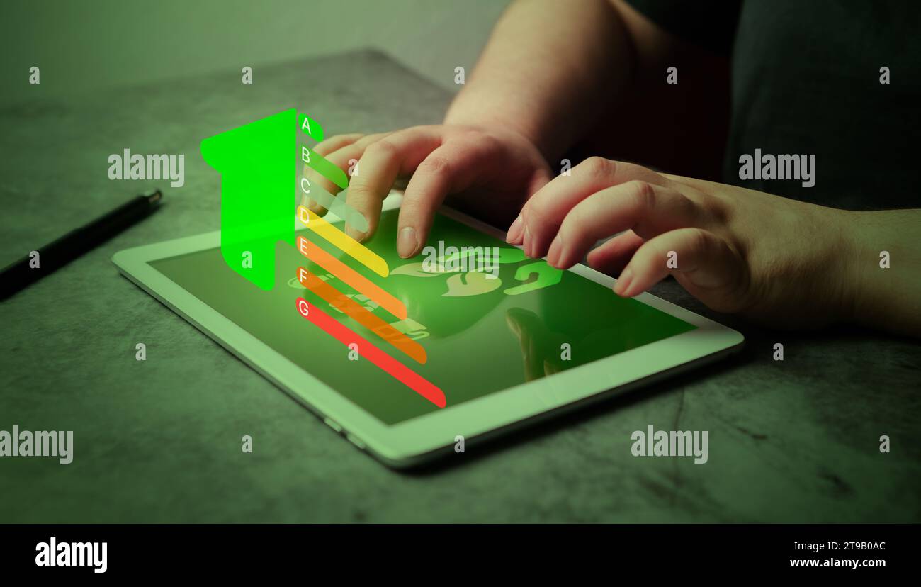 Le donne utilizzano un tablet digitale per valutare l'efficienza energetica e la ristrutturazione ecologica della casa. Casa ecologica a basso consumo, concetto di sviluppo sostenibile. Foto Stock
