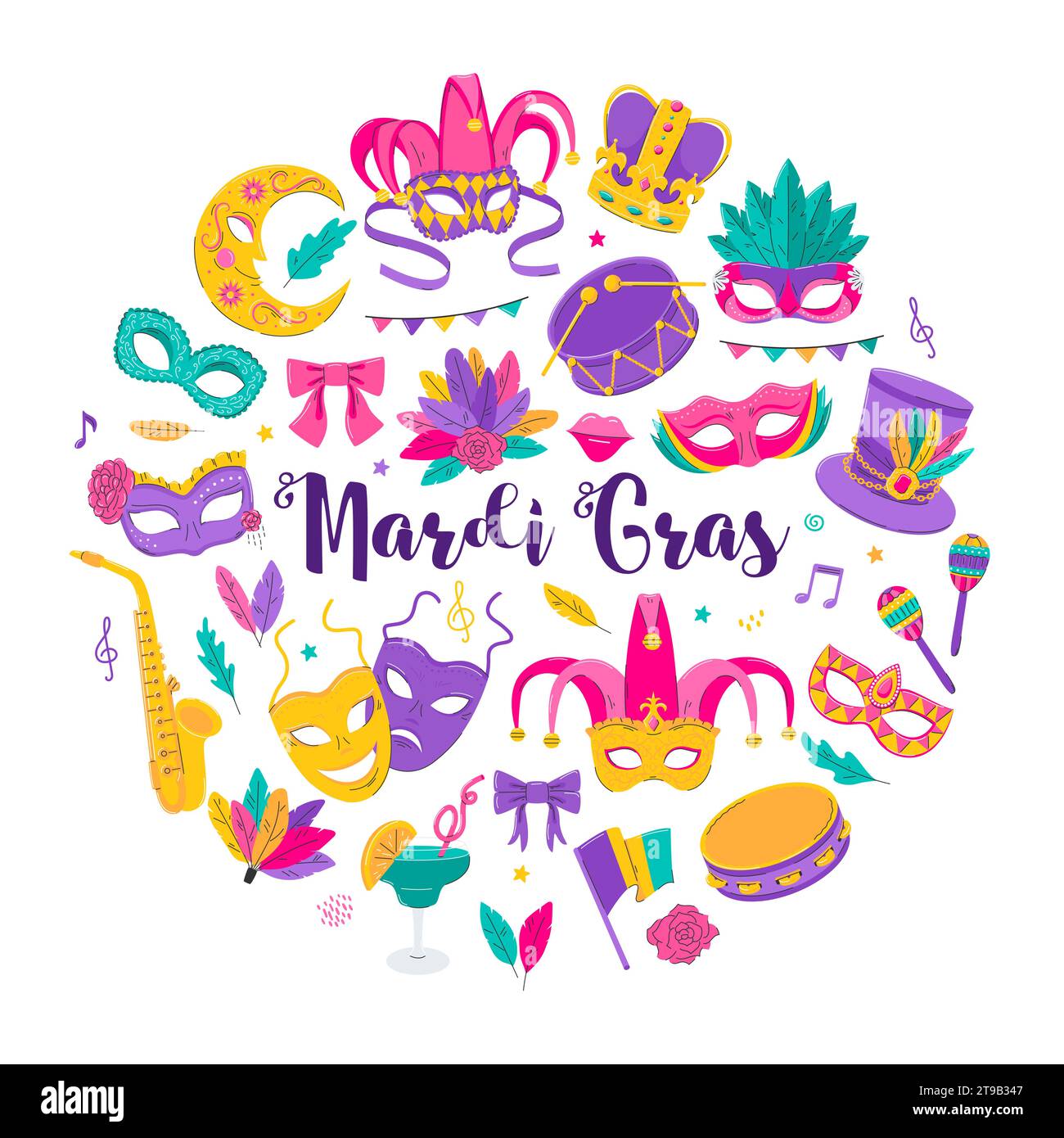 Icone del carnevale Mardi Gras, elementi di design in stile piatto. Maschera con piume, commedia e tragedia, decorazioni per feste. Illustrazione vettoriale isolata Illustrazione Vettoriale