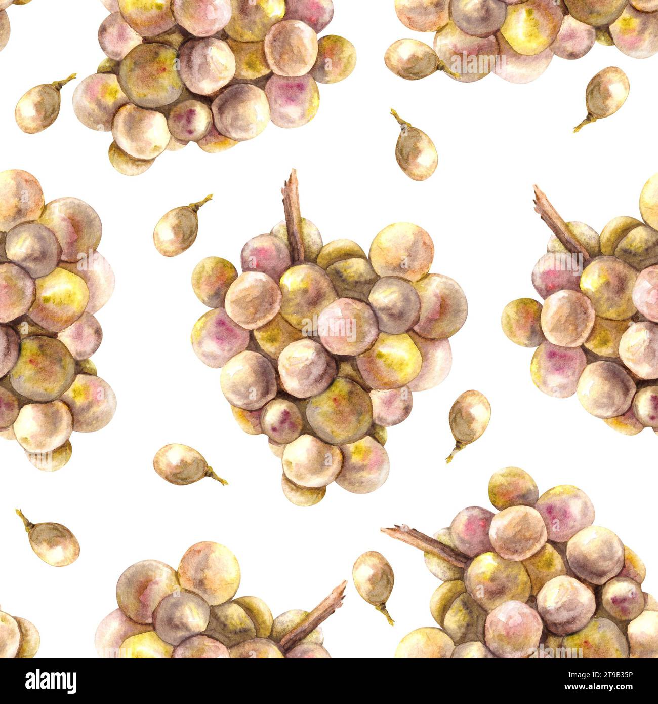 Motivo ad acquerello senza cuciture. Grappolo di uva gialla verde, foglie e bacca d'uva. Grapevine dipinto a mano. Carta da imballaggio, etichette, stampa di tessuti Foto Stock