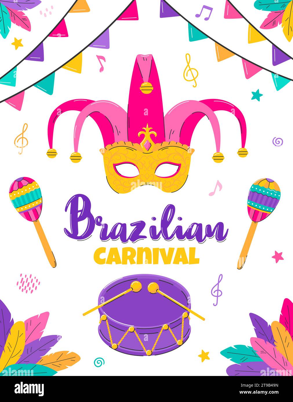 Modello poster Carnevale brasiliano. Invito con maschera. Maschere comiche e tragiche, tamburello, bandiere, palloncini. Illustrazione vettoriale piatta sul retro bianco Illustrazione Vettoriale