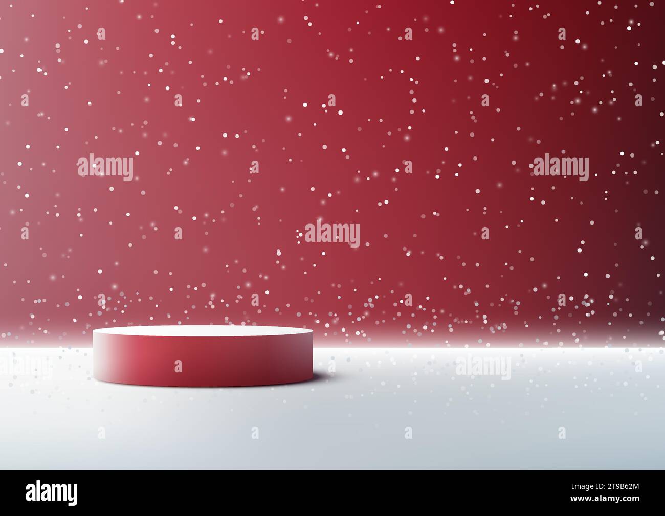 Il podio rosso 3D con sfondo innevato è perfetto per mostrare i prodotti natalizi e invernali. Ideale per mockup, espositori, showroom e. Illustrazione Vettoriale