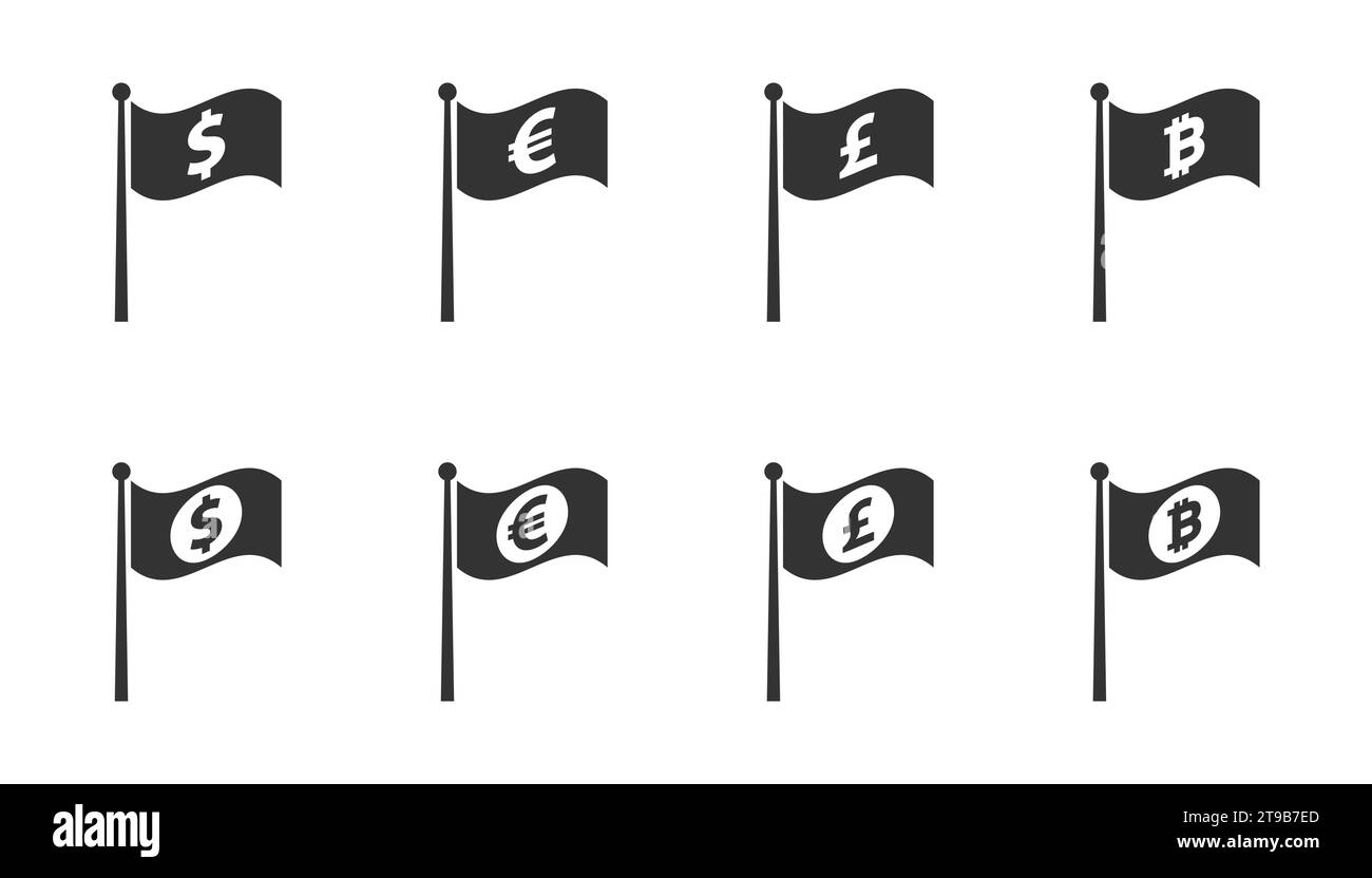 Icona bandiera sventolante con simboli di dollaro euro sterlina e bitcoin. Illustrazione vettoriale Illustrazione Vettoriale